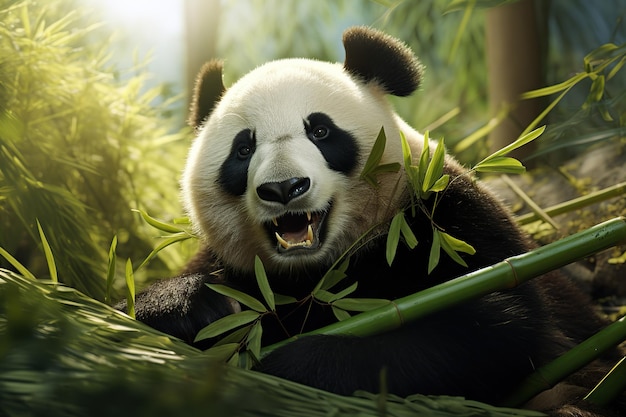 Un panda masticando bambú Panda oso comiendo bambú Panda Conservación de la vida silvestre