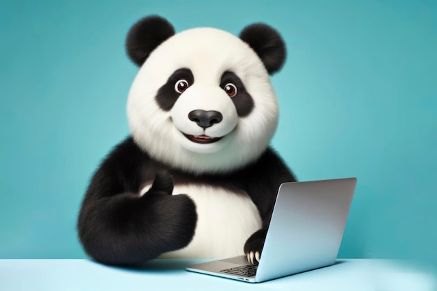 Panda mit Laptop zeigt Daumen auf farbigem Hintergrund