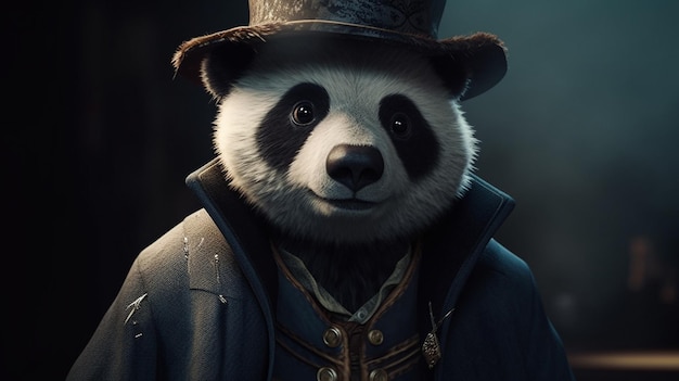 Panda de moda con sombrero de copa y abrigo bajo la lluvia generativa ai