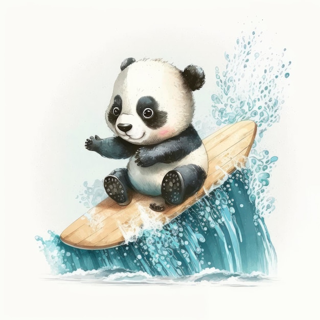 Un panda monta una tabla de surf sobre una ola.