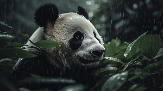 Panda na chuva com pingos de chuva no rosto