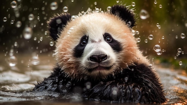 Un panda nada en el agua.