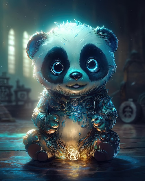 Un panda con ojos azules se sienta en un suelo oscuro.