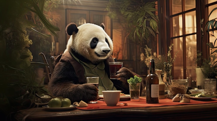 Foto un panda organizando una degustación de bambú en su comedor hyper real hd 4k