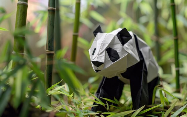 El panda origami caminando a través de los bosques de bambú El oso de papel vagando por los bosquecillos de bambú