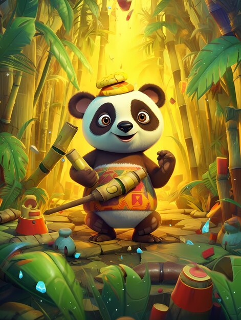 Un panda con un palo de bambú y un sombrero está parado en un bosque.