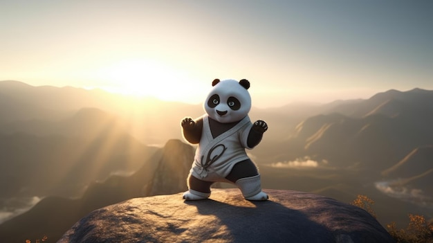 Un panda parado en un acantilado frente a una puesta de sol