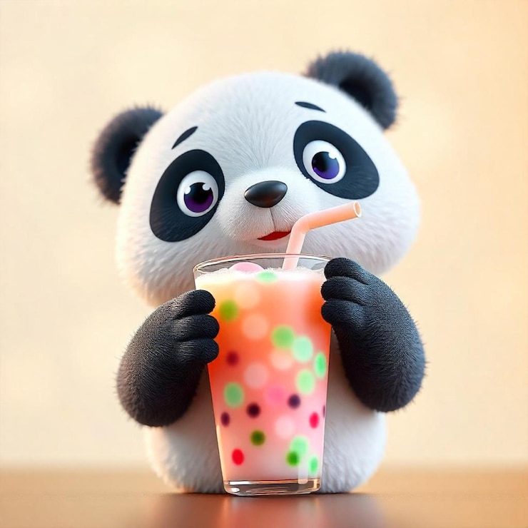 Foto un panda de peluche está sosteniendo una bebida con una pajita en la boca