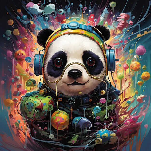 Panda personagem animal antropomórfico desfrutando de música IA generativa