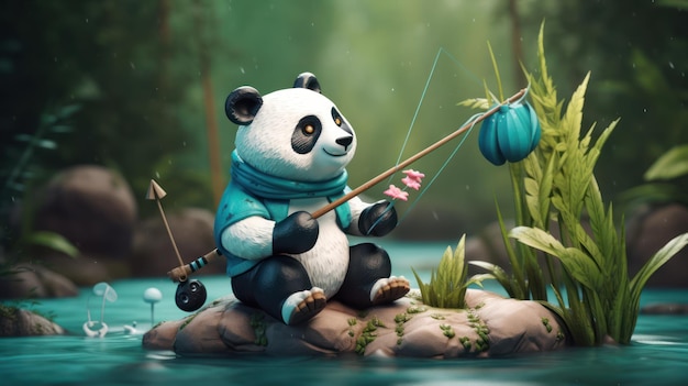 Un panda pescando en un bosque