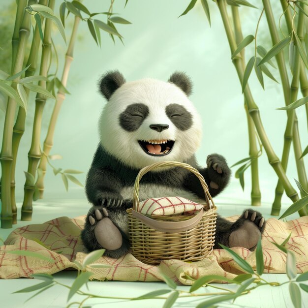 Foto panda de picnic un panda 3d alegre sentado en una manta con una canasta de picnic rodeado de bambú ai generative