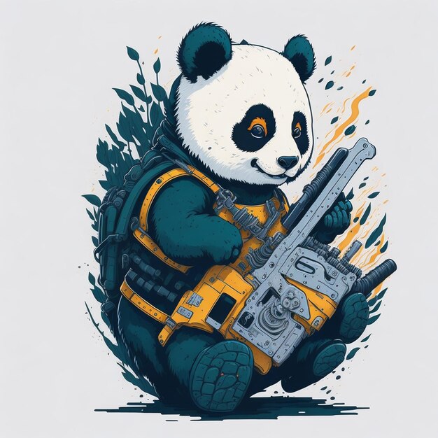 Un panda con una pistola está sentado sobre un fondo blanco.