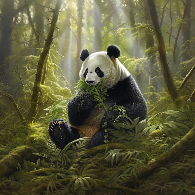 un panda con una planta verde en la boca se sienta en el bosque.