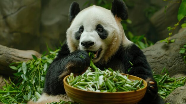 Un panda rescatado disfrutando de una comida de bambú especialmente preparada