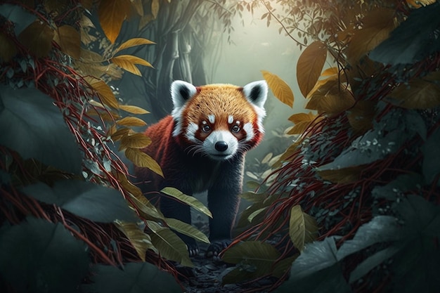 Un panda rojo en el bosque con hojas y la palabra panda en la parte inferior.