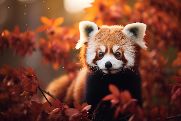 El panda rojo en el bosque de otoño