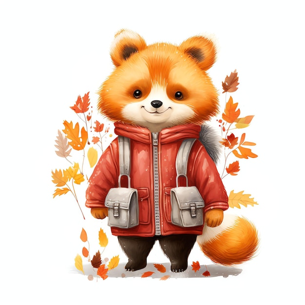 Panda rojo en el bosque de ropa de otoño