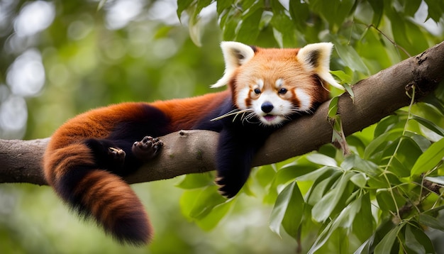 Foto un panda rojo con una cara blanca y su boca abierta