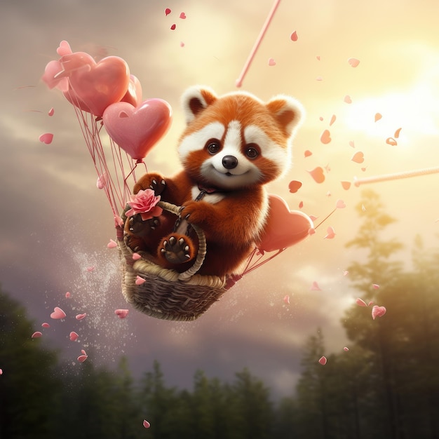 Foto el panda rojo de cupido volando con amor arte digital