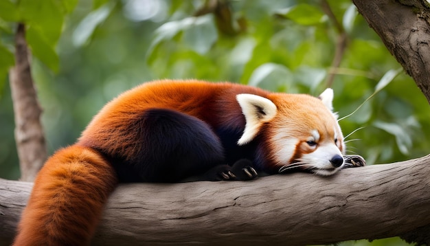 Foto un panda rojo durmiendo en una rama de un árbol