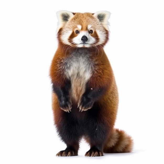 Un panda rojo está parado sobre sus patas traseras.
