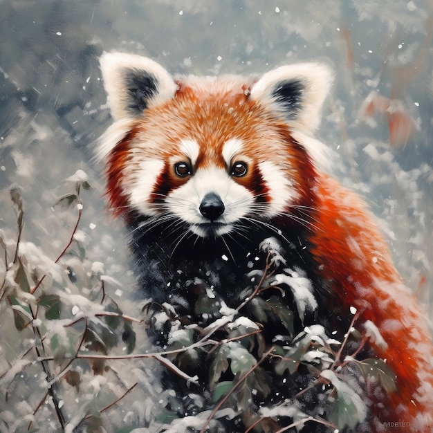 Panda rojo en la IA generativa de nieve invernal