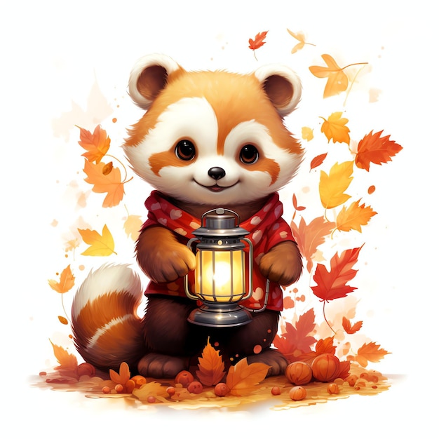 Panda rojo con linterna en el bosque de otoño