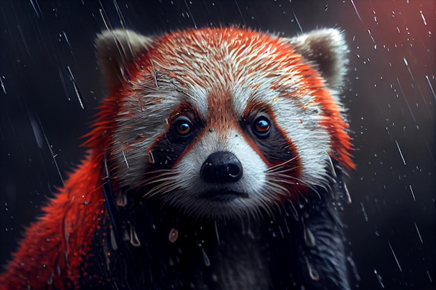 Un panda rojo bajo la lluvia