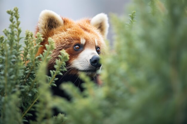 Foto el panda rojo mirando desde detrás del follaje