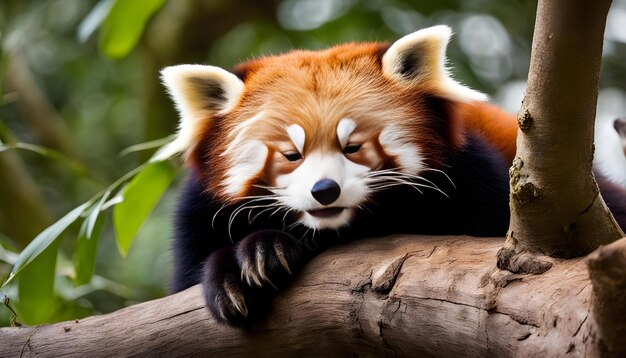 Foto un panda rojo con los ojos cerrados y sus ojos cerrados