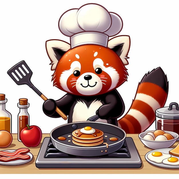 el panda rojo preparando el desayuno