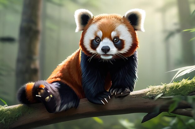 Panda rojo en una rama en un bosque creado con tecnología de inteligencia artificial generativa