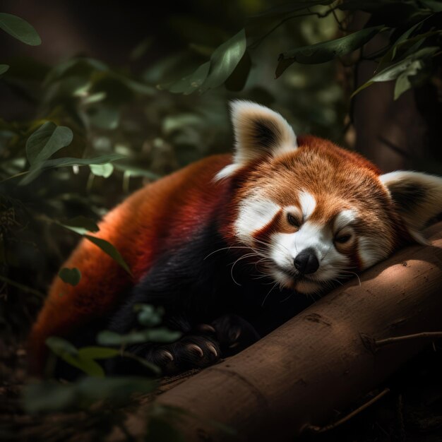 Panda rojo en una rama en el bosque creado utilizando tecnología de IA generativa