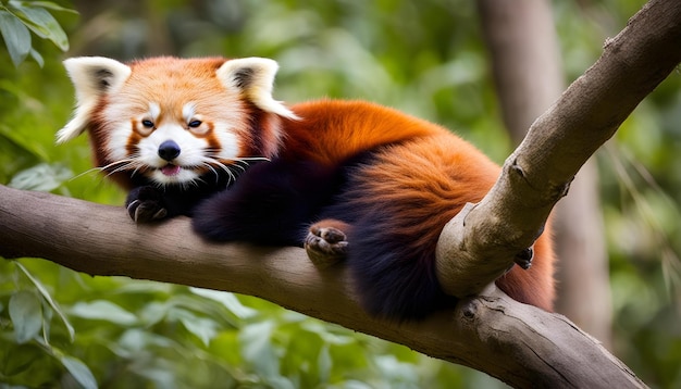 Foto un panda rojo está en una rama con un fondo verde