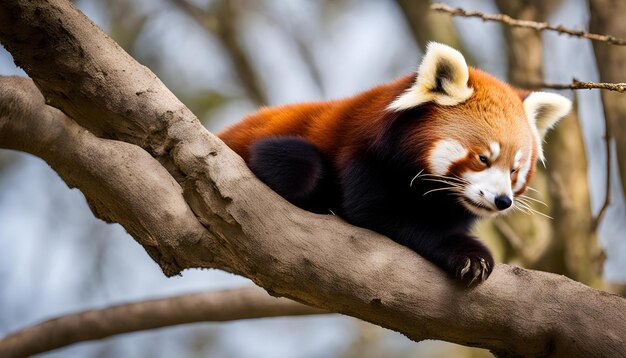 Foto un panda rojo está sentado en un árbol y mirando algo