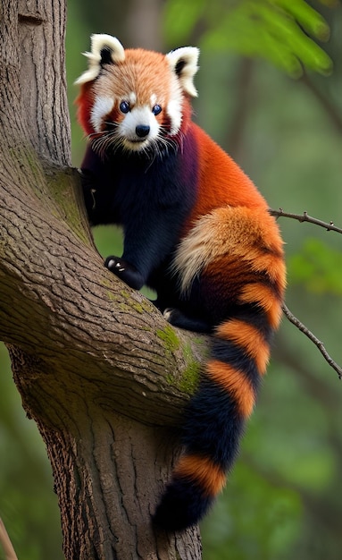 Un panda rojo se sienta en la rama de un árbol.