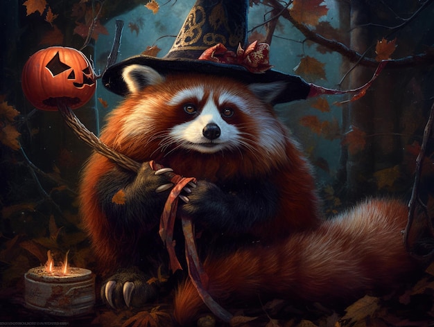 Un panda rojo con un sombrero de bruja se sienta en un bosque con una calabaza y una calabaza en el suelo.