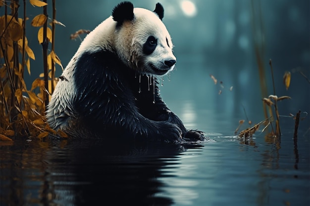 Panda ruht am Teich in einem nebligen Wald und bietet eine faszinierende, illustrative Landschaft