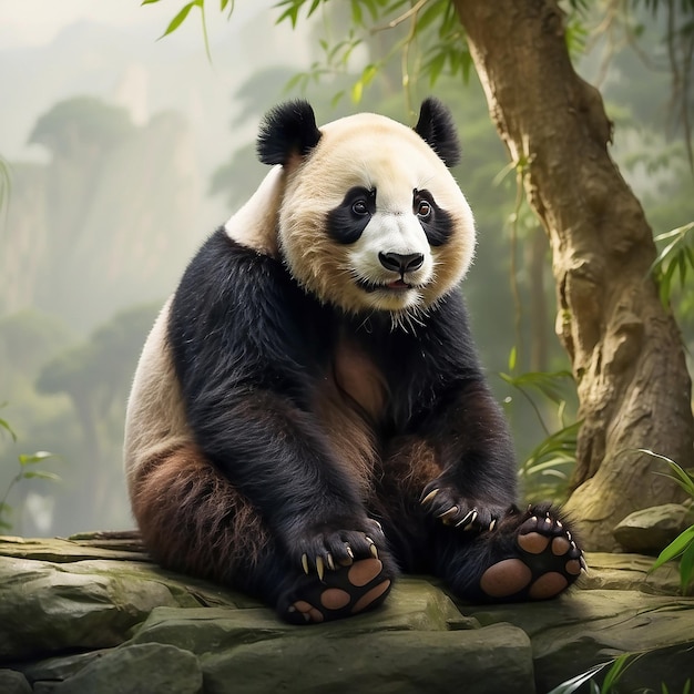 Un panda salvaje con ojos negros y una cara blanca