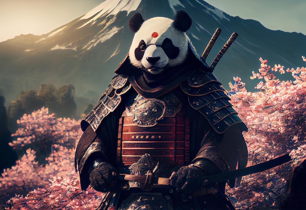 Panda samurai e flores de cerejeira na montanha