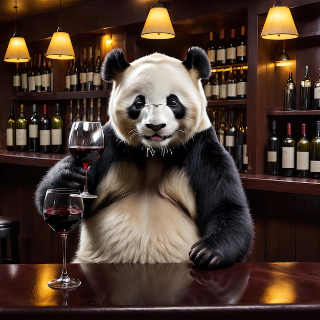 panda sentado em um barril de madeira com uma taça de champanhepanda na cidade