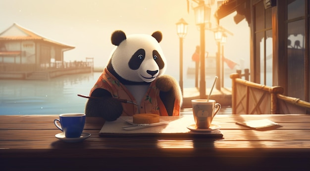 Panda sentado em um café criado com tecnologia de IA generativa