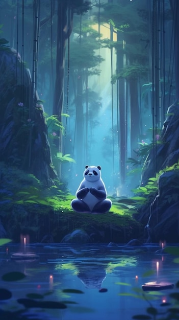 Panda sentado em uma floresta com fundo azul.