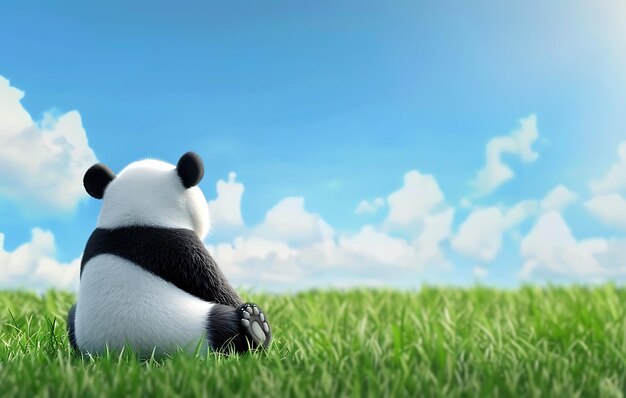 panda sentado en la hierba mirando al cielo