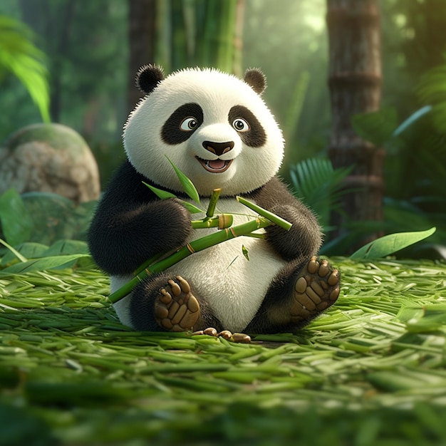 panda sentado no chão comendo bambu em uma selva generativa ai