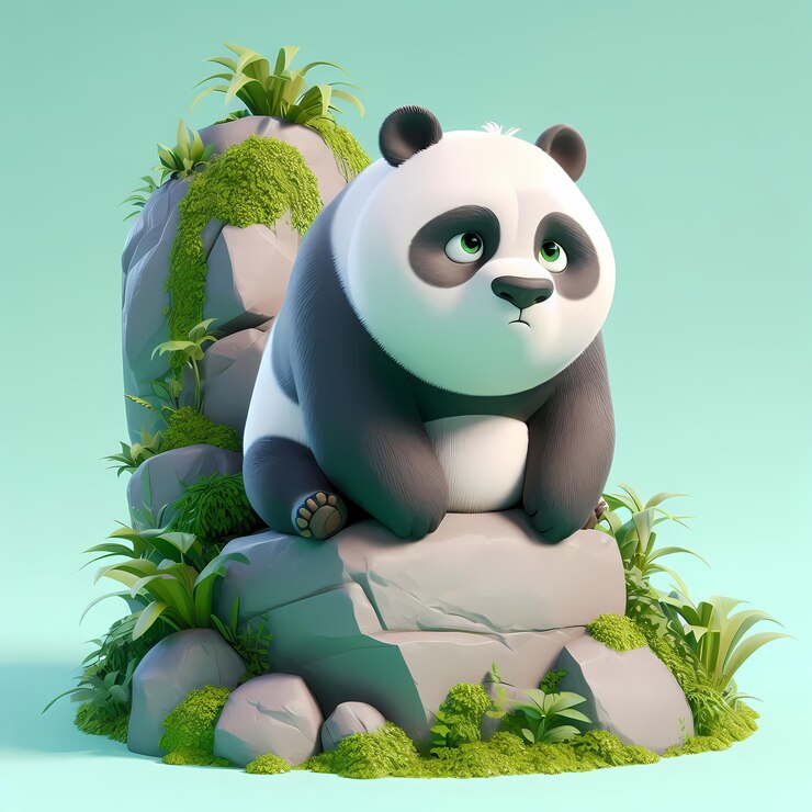 Foto un panda sentado en una roca con plantas y plantas en el fondo