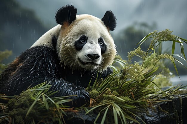 Panda sereno entre bambúes en un paisaje montañoso generativo IA