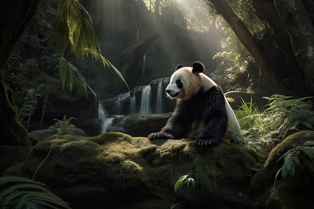 Panda sereno saboreando bambu na exuberante floresta generativa IA