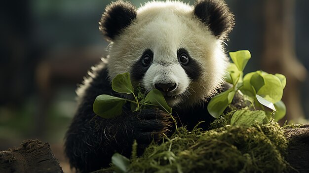 Panda_shows_heart_colored_green_leaf