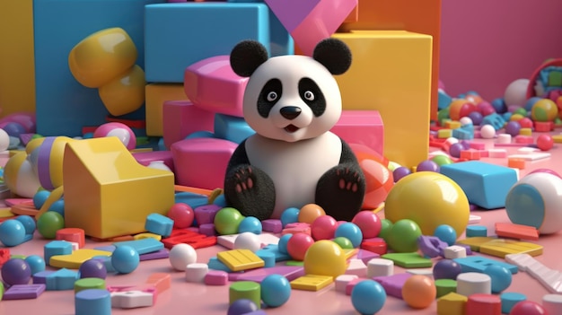 Un panda se sienta entre cajas y bloques coloridos.